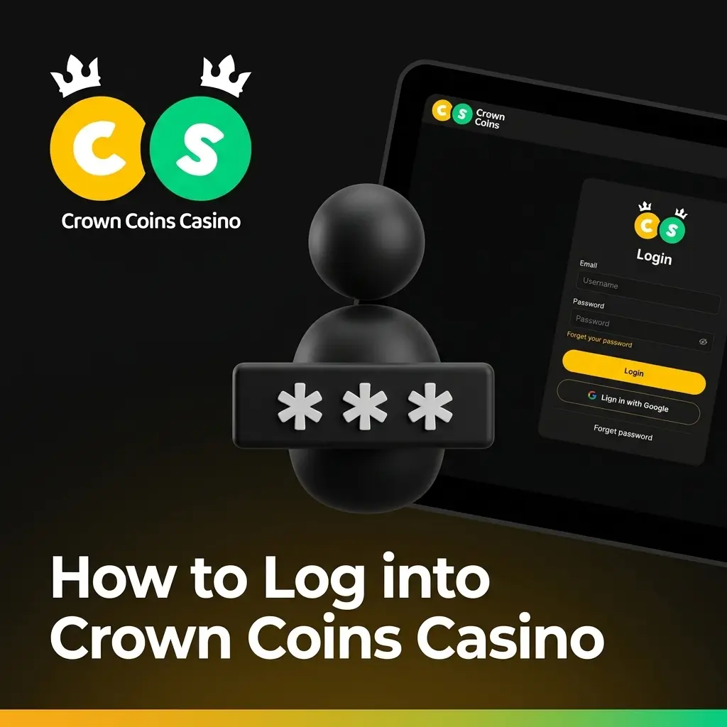 Crown Coins Casino login screen showing email and password fields with a login button for account access