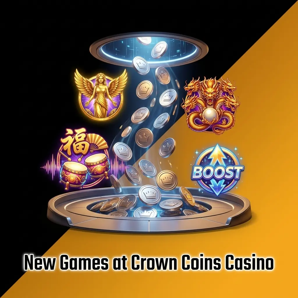New game releases at Crown Coins Casino including Golden Goddess, Fu Dao Le, Dancing Drums Explosion, 5 Dragons, Wonder 4 Boost