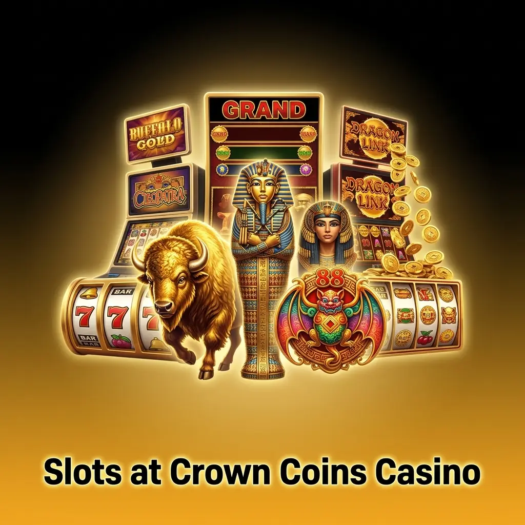 Crown Coins Casino slot games including Buffalo Gold, Cleopatra, 88 Fortunes, Dancing Drums, and Dragon Link