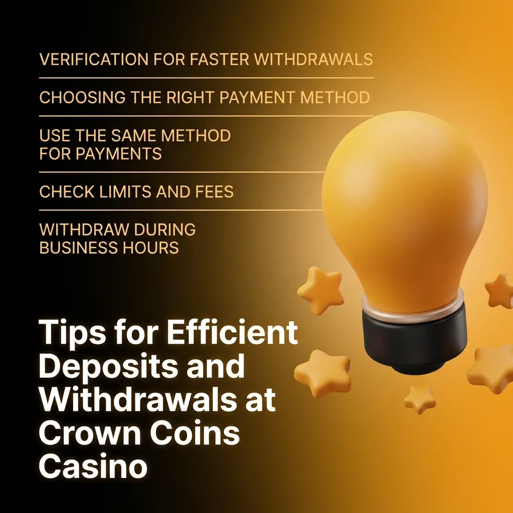 Crown Coins Casino deposit and withdrawal tips including KYC verification, payment methods, and processing times